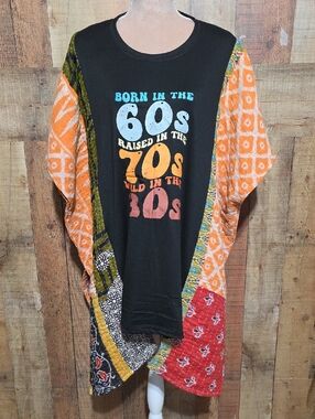 Upcycled Graphic 'Born in the 60s' Black Tee Woth Kimono Sleeves